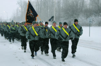 With blowing snow and freezing temperatures, it looks more like Christmas than spring on Fort Drum. The weather also serves as a fitting 10th Mountain Division farewell to Lt. Col. Christopher S. Vanek as he takes his 1st Battalion, 87th Infantry Regiment on one final run on April 8 before changing command.