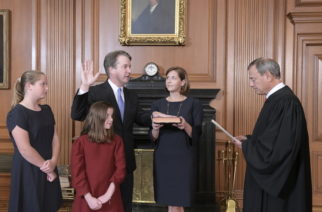 Chief Justice John G. Roberts, Jr., administers the Constitutional Oath to Judge Brett M. Kavanaugh in the Justices’ Conference Room, Supreme Court Building. Mrs. Ashley Kavanaugh  holds the Bible.
Credit: Fred Schilling, Collection of the Supreme Court of the United States.