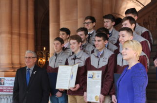 James Tedisco welcoming cross country state champions to the state Capitol