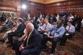 June 23, 2015 - Albany - Media fill the Red Room as Governor Andrew M. Cuomo, speaker Carl Heastie and Senate Majority leader John Flanagan (R - Northport) announce the end of the New York State Legislative Session at the State Capitol Tuesday June 23, 2015. (Office of the Governor - Kevin P. Coughlin)