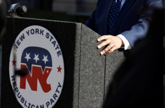 Photo taken of podium when Nick Langworthy, Chairman of the New York State Republican Committee spoke about Republican success in local elections. Legislative Gazette photo by Marlee Capuano.