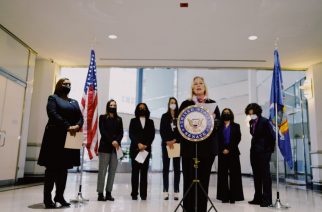 Photo via facebook @SenKirstenGillibrand
U.S. Sen Kirsten Gillibrand joins New York State Attorney General Letitia James, at left, to call for non-violent criminal convictions of trafficking survivors to be cleared so they can rebuild their lives without a criminal record.