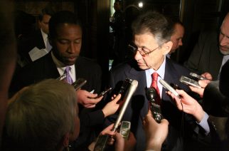 Legislative Gazette file photo
Former Assembly Speaker Sheldon Silver, right, meeting with reporters in the New York State Capitol.