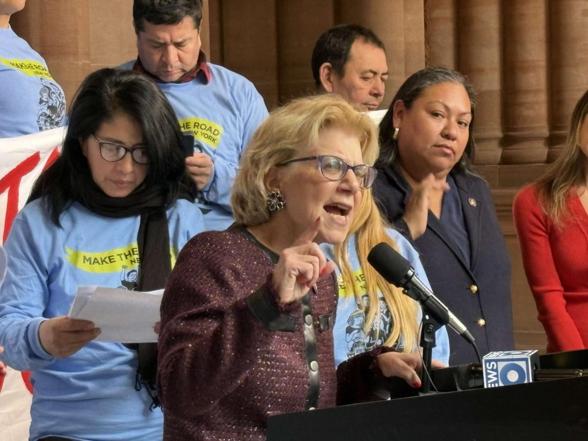 Sen. Shelley Mayer speaking in solidarity with non-profit organization Make the Road to urge Gov. Kathy Hochul to pass the New York for All Act. 