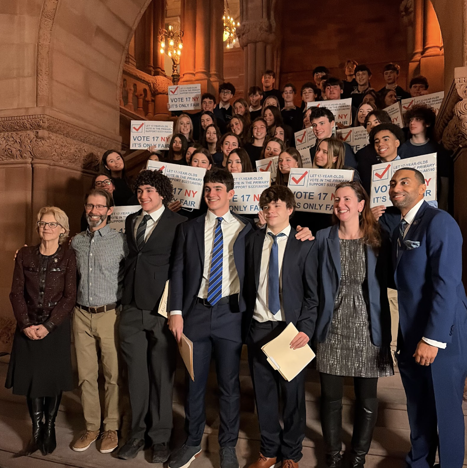 Vote 17 NY student representatives from Mamaroneck High School join Senator Bailey and Assemblymember Nily Rozic at The Million Dollar Staircase. 