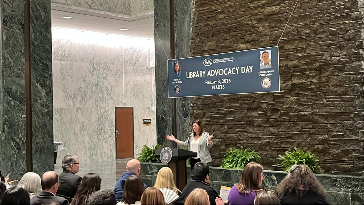 Feb.3 2026, NYLA President Ginger Tebo rallying fellow library advocates in the Well of the New York State Capital building. 
