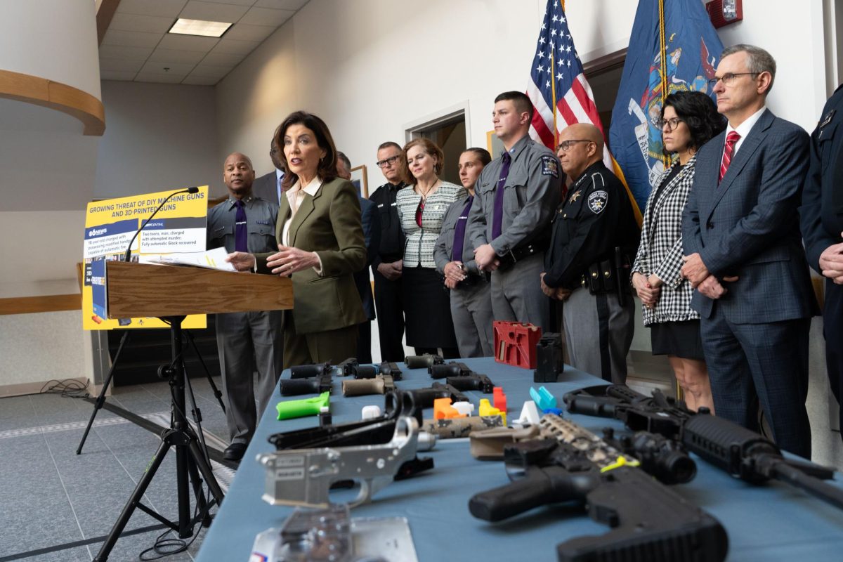 Governor Hochul meets at the Police Investigative Forensics Center in Albany, joined by law enforcement officers and lawmakers. 
