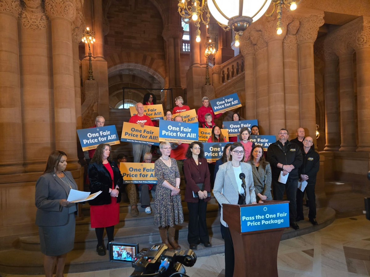 Ground Collaborative's Liz Pancotti, among others, rallied to garner support for the "One Fair Price" package, which includes two bills that would protect New Yorkers from manipulative pricing tactics. 